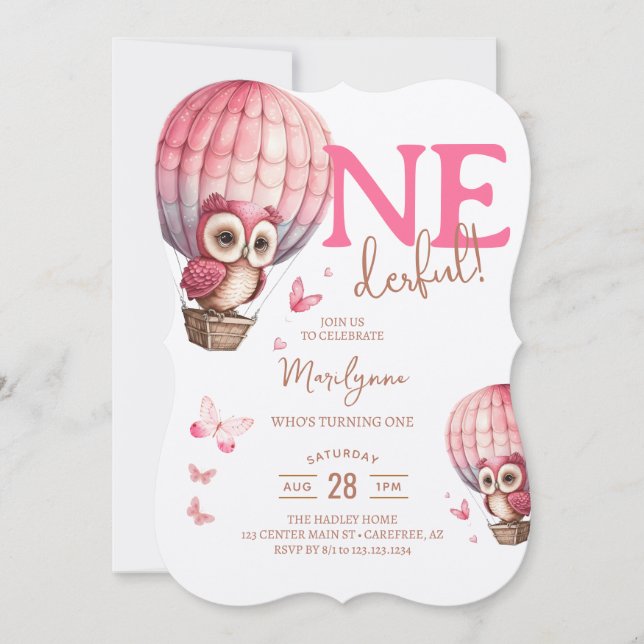 Invitación Maravilloso Lechuza Rosa Balón de Aire Caliente Pr (Anverso)
