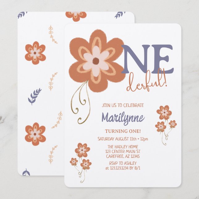 Invitación Maravilloso primer cumpleaños de Cute Boho Daisy (Anverso / Reverso)