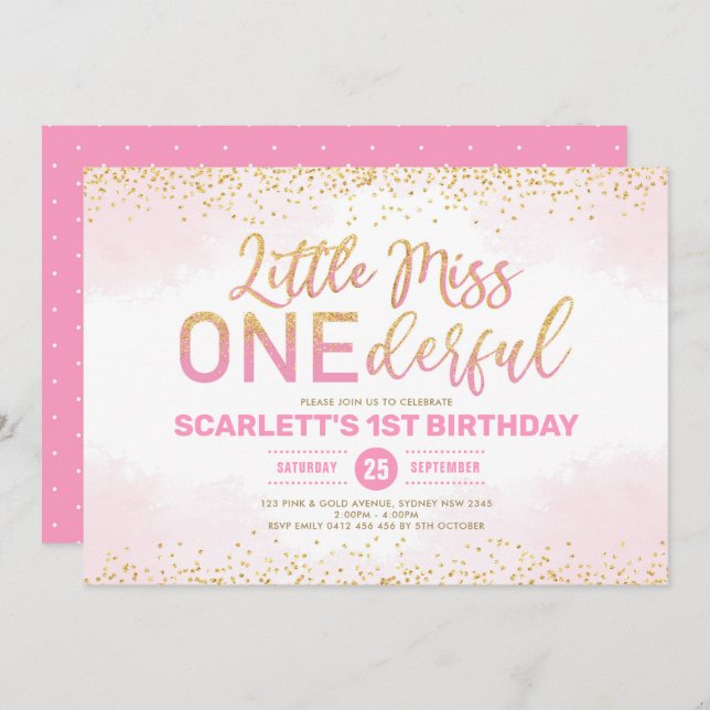 Invitación Maravilloso primer cumpleaños de la pequeña Miss O (Anverso / Reverso)