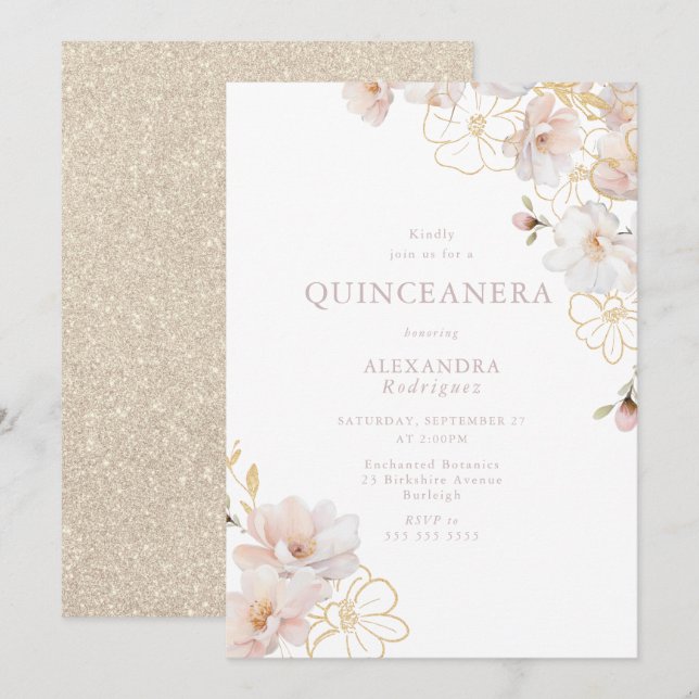 Invitación Maravilloso Rubor & Gold Enchado Quinceanera (Anverso / Reverso)
