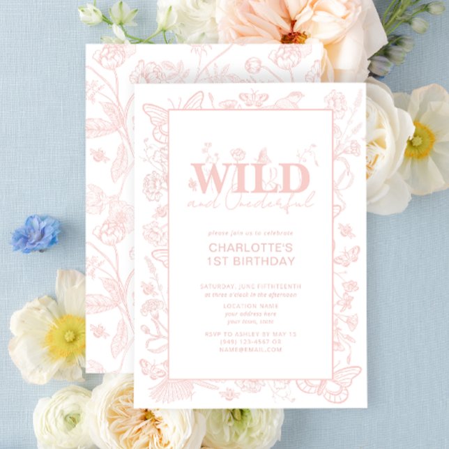 Invitación Maravilloso y salvaje Rubor Pink Floral Primer cum (1st Birthday Invitation)