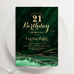 Invitación Marble 21º cumpleaños de Emerald Green Gold Agate<br><div class="desc">Invitación a la fiesta de cumpleaños número 21 de verde esmeralda y oro. Elegante diseño moderno con fondo geodésico de mármol agate acuarela, oro falso purpurina y tipografía de escritura. La carta de invitación de moda es perfecta para una elegante celebración del cumpleaños de las mujeres. Invitaciones Zazzle impresas o...</div>