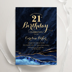 Invitación Marble 21º cumpleaños de la Marina Blue Gold Agate