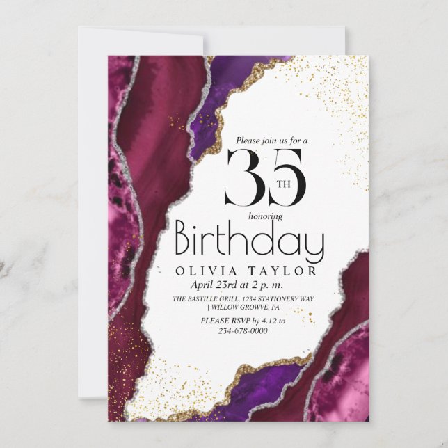 Invitación Marble 35.ª chispa Oro rosa Agate Mujeres Cumpleañ (Anverso)