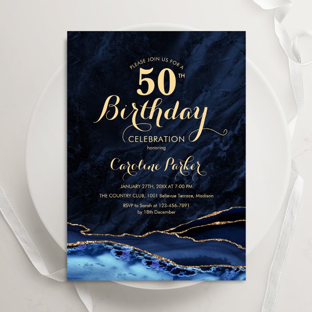 Invitación Marble 50 cumpleaños de la Marina Blue Gold Agate (Subido por el creador)