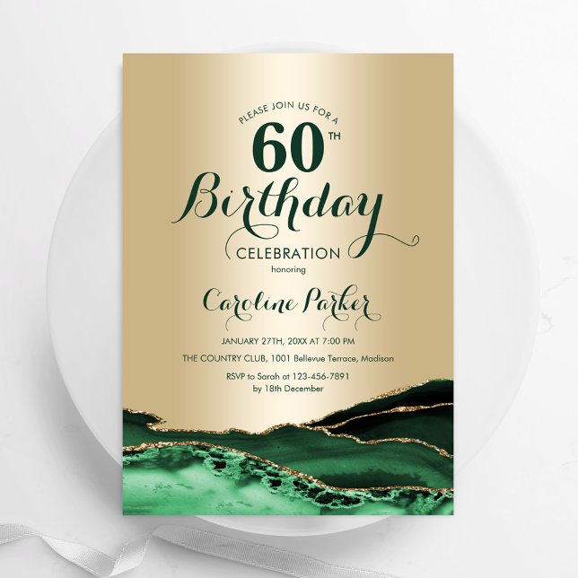 Invitación Marble 60º cumpleaños de Emerald Green Gold Agate (Subido por el creador)