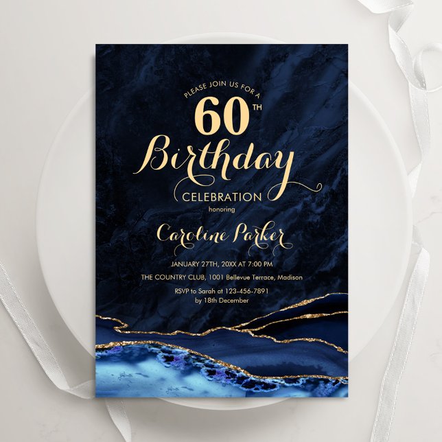 Invitación Marble 60 cumpleaños de la Marina Blue Gold Agate (Subido por el creador)