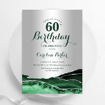 Invitación Marble 60 cumpleaños de la plata verde esmeralda<br><div class="desc">Invitación a la fiesta de cumpleaños número 60 en verde esmeralda y plata. Elegante diseño moderno con fondo geodésico de mármol agate acuarela, letra falsa purpurina plateada y tipografía. La carta de invitación de moda es perfecta para una elegante celebración del cumpleaños de las mujeres. Invitaciones Zazzle impresas o una...</div>