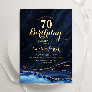 Invitación Marble 70 cumpleaños de la Marina Blue Gold Agate