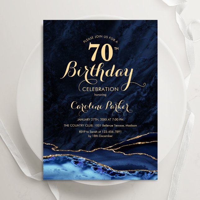 Invitación Marble 70 cumpleaños de la Marina Blue Gold Agate (Subido por el creador)