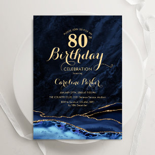 Invitación Marble 80 cumpleaños de la Marina Blue Gold Agate