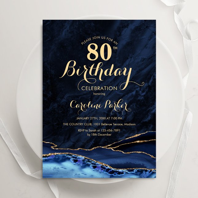 Invitación Marble 80 cumpleaños de la Marina Blue Gold Agate (Subido por el creador)