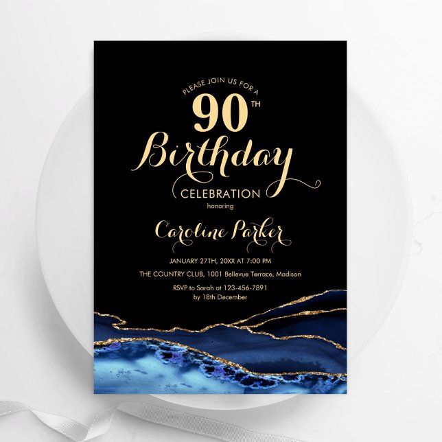 Invitación Marble 90º cumpleaños de la Marina Blue Gold Agate (Subido por el creador)