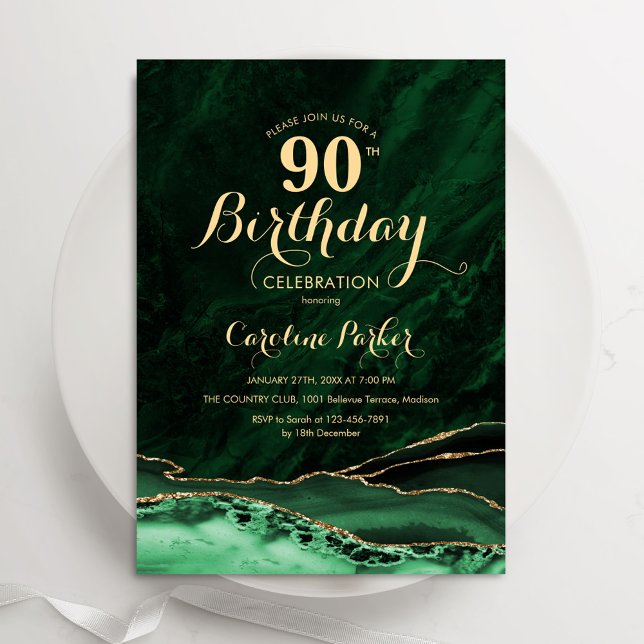 Invitación Marble 90 cumpleaños de la Emerald Green Gold Agat (Subido por el creador)