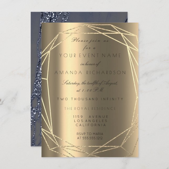 Invitación Marble azul Bridal cumpleaños marco de diamantes o (Anverso / Reverso)