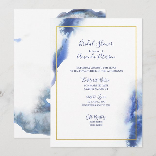 Invitación Marble azul Ombre marco dorado ducha de novia (Anverso / Reverso)