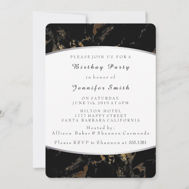 Invitación Marble Black Gold Party Silver (Anverso)