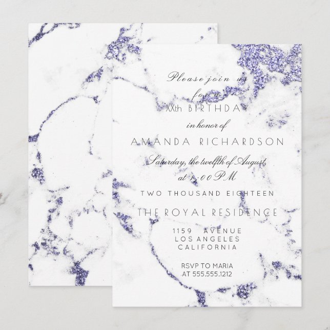 Invitación Marble blanco de Carrara Purpurina de la Marina añ (Anverso / Reverso)