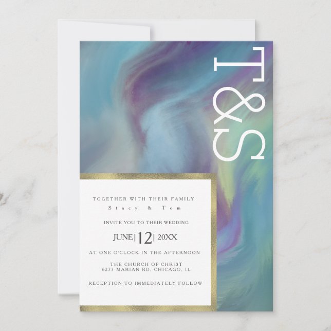 Invitación Marble Blue Purple Wash Typography Boda (Anverso)