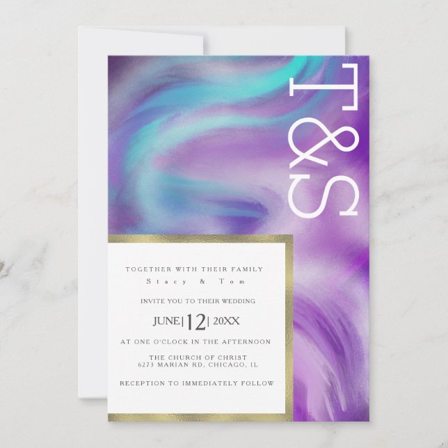 Invitación Marble Bold Mint Purple Blue Typography Boda (Anverso)