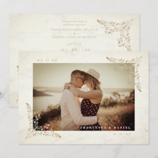 Invitación Marble Chic Golden Lace Romantic Couple Wedding