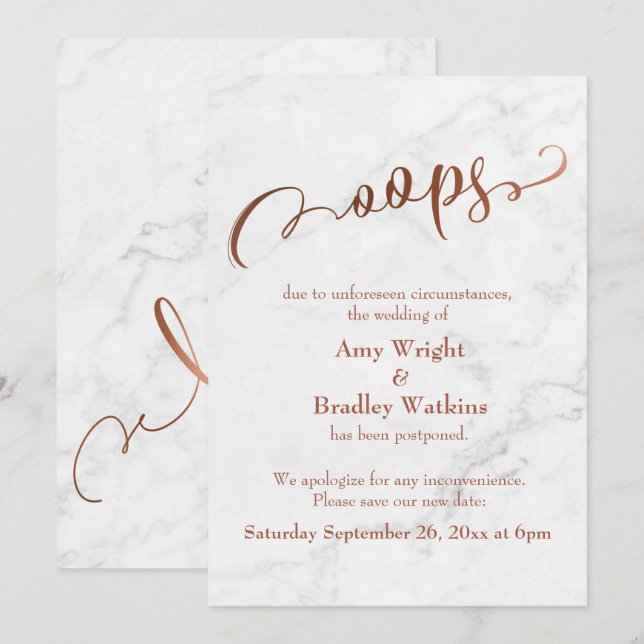 Invitación Marble Copper postergó el Boda "¡Oops!" Actualizar (Anverso / Reverso)