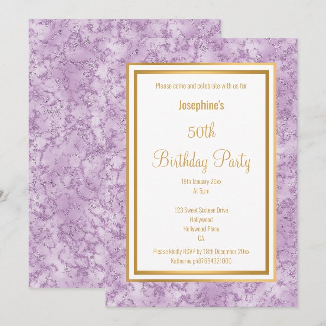 INVITACIÓN MARBLE DE LA FRONTERA DE LILAC ELEGANTE CUMPLEAÑOS (Anverso / Reverso)