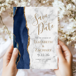 Invitación Marble de la Marina Blue Gold Agate Save the Date