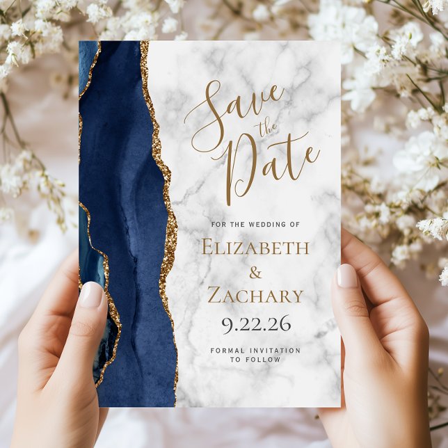 Invitación Marble de la Marina Blue Gold Agate Save the Date  (Subido por el creador)