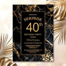 Invitación Marble de oro negro sorpresa 40.º Fiesta de cumple