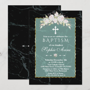 Invitación Marble Esmeralda Roses Blancas Foco De Oro Bautism