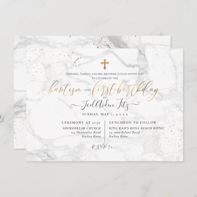 Invitación Marble Faux Gold Cross Baptism 1er cumpleaños (Anverso / Reverso)