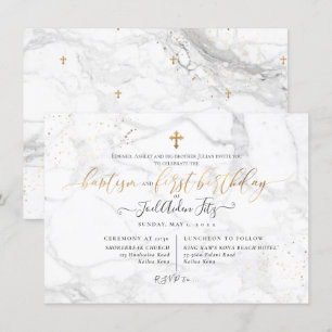 Invitación Marble Faux Gold Cross Baptism 1er cumpleaños
