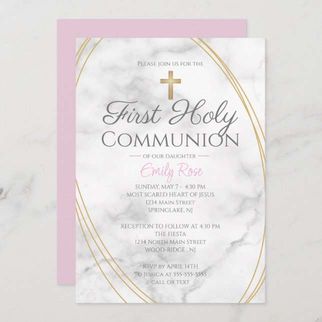Invitación Marble First Holy Communia Invita A Los Chicas (Anverso / Reverso)