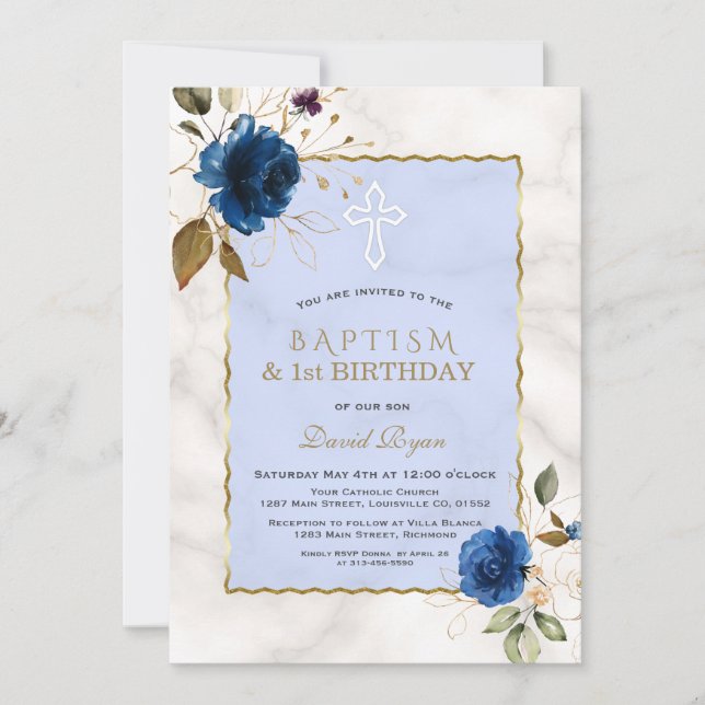 Invitación Marble floral de oro azul primer cumpleaños y baut (Anverso)