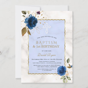 Invitación Marble floral de oro azul primer cumpleaños y baut