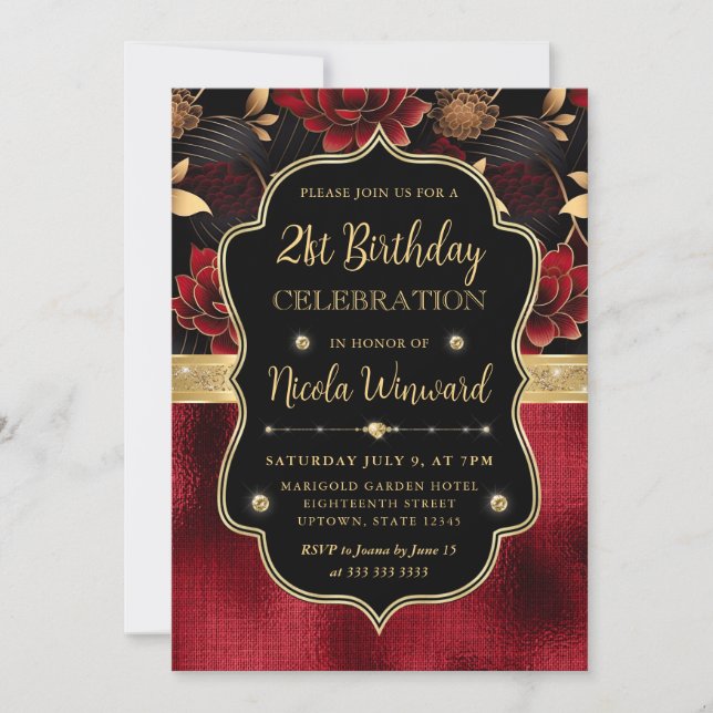Invitación Marble floral rojo negro y dorado 21º cumpleaños (Anverso)