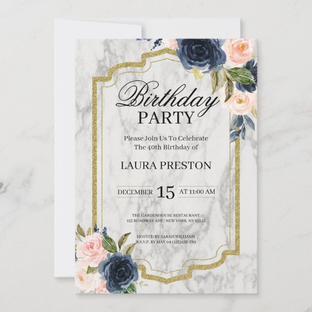 Invitación Marble floral rosa azul marino y Rubor cumpleaños (Anverso)