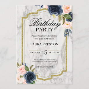 Invitación Marble floral rosa azul marino y Rubor cumpleaños