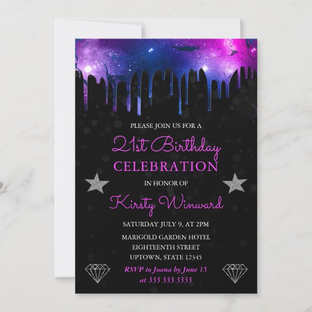 Invitación Marble galáctico azul y púrpura 21º cumpleaños (Anverso)