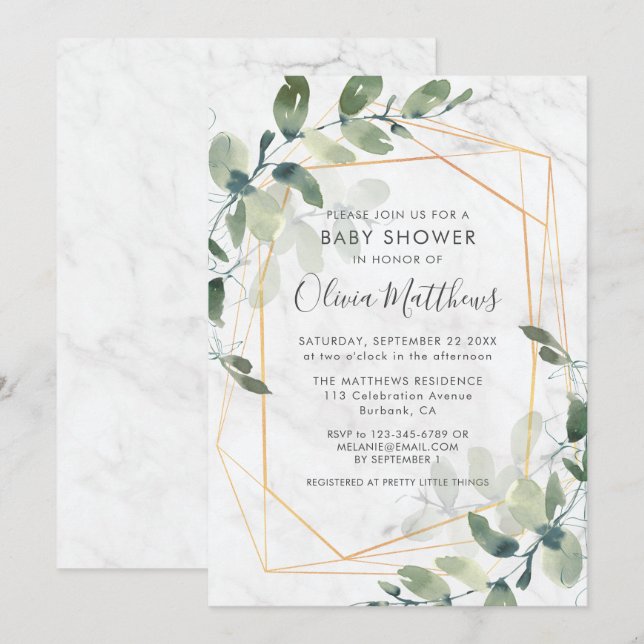 Invitación Marble Geometric Gold Eucalyptus Baby Shower (Anverso / Reverso)