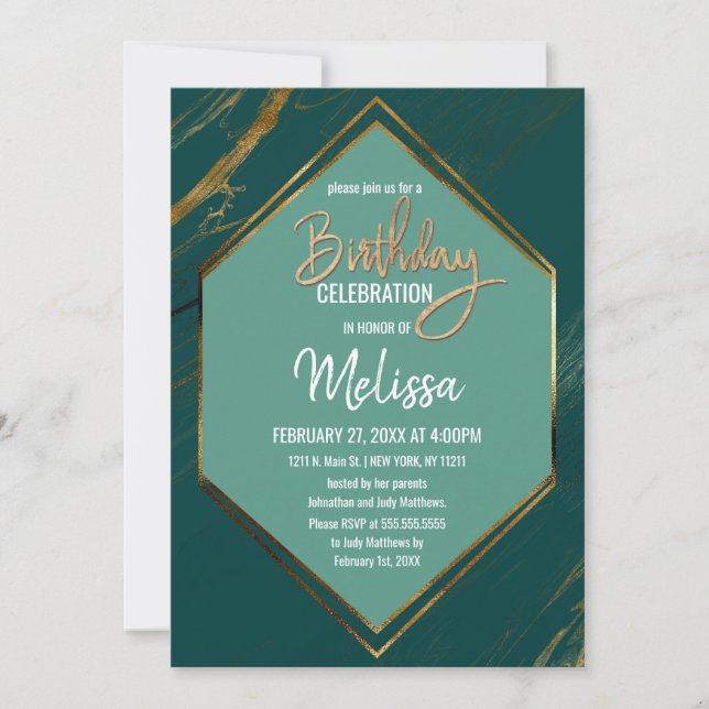 Invitación Marble geométrico de oro verde esmeralda Cumpleaño (Anverso)