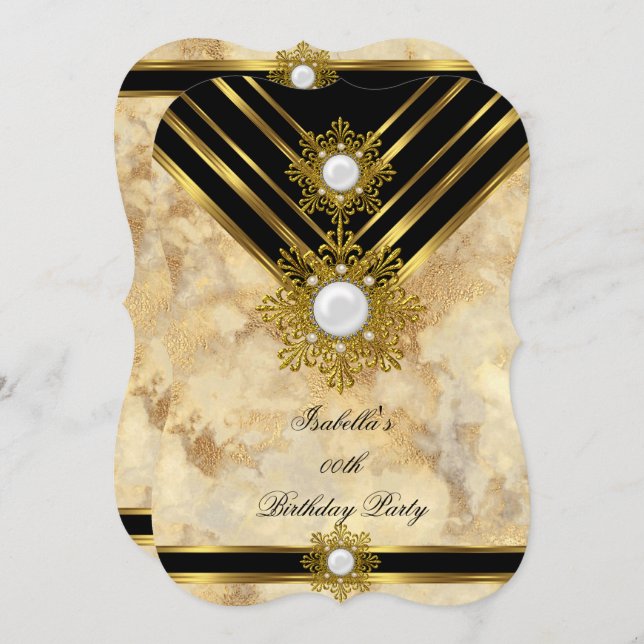Invitación Marble Gold Pearl Beige Black Birday Party (Anverso / Reverso)