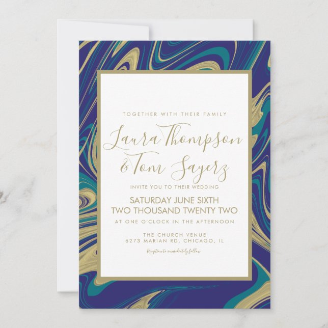 Invitación Marble Liquid Blue Faux Gold Abstract Boda (Anverso)