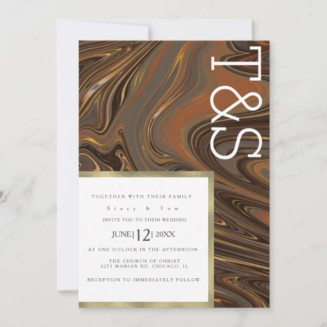 Invitación Marble Liquid Brown Gold Typography Boda (Anverso)