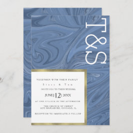 Invitación Marble Liquid Dark Blue Gold Typography Boda