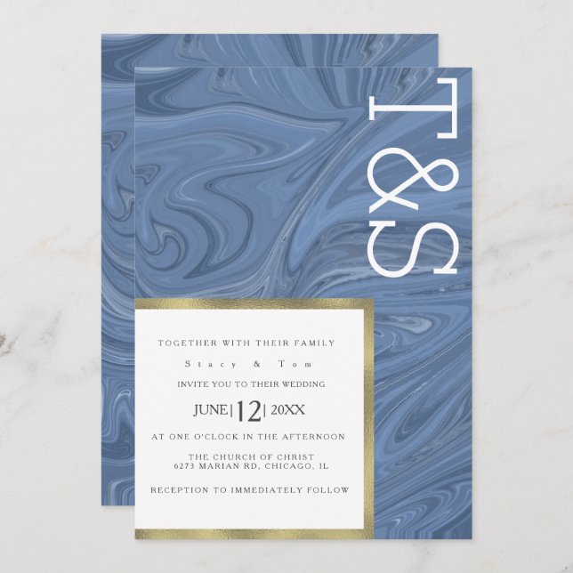 Invitación Marble Liquid Dark Blue Gold Typography Boda (Anverso / Reverso)