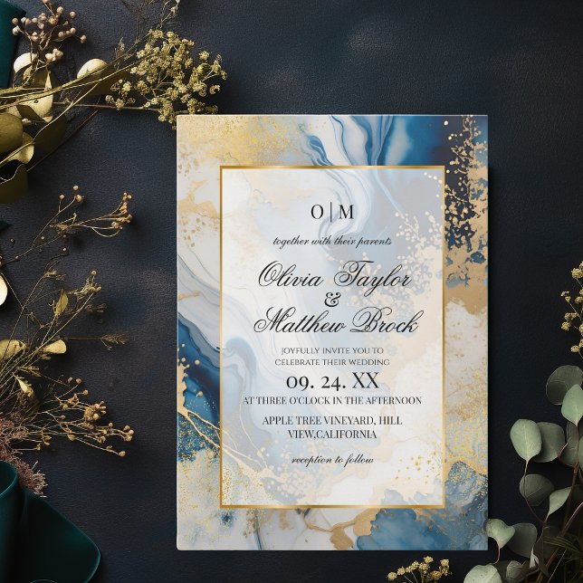 Invitación Marble Modern Blue y Boda de oro (Subido por el creador)