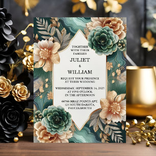 Invitación Marble Monstera Verde Esmeralda Y Boda De Oro