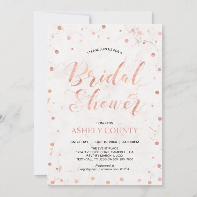 Invitación Marble & Polka dot, Rosa moderno ducha de novias d (Anverso)